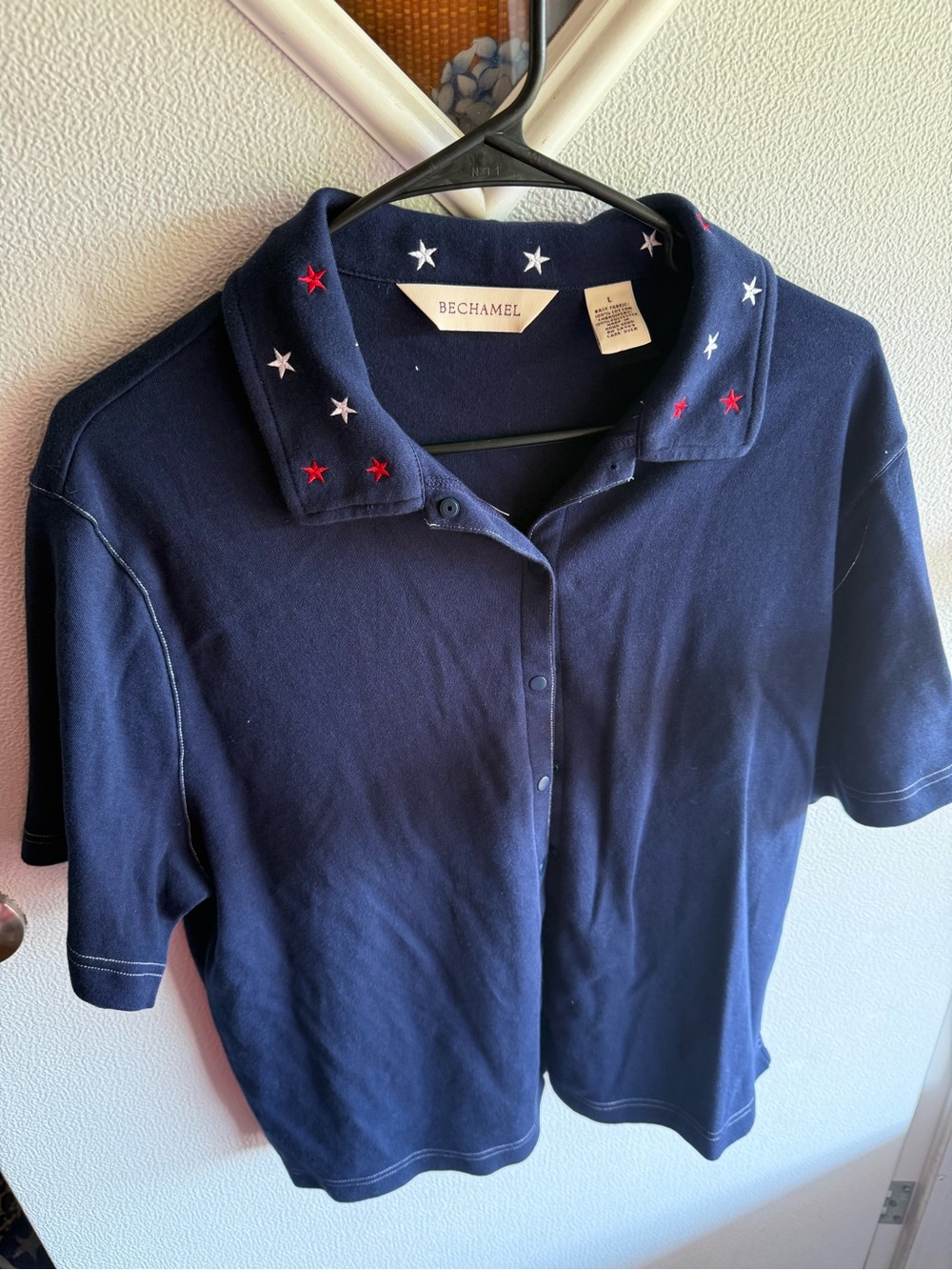 Vintage Bechamel Navy Button-Front Polo with Red & White Star Embroidery